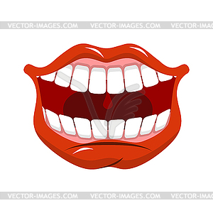 Cheerful smile. Red lips and white teeth. Open mouth - vector image