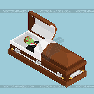 Zombie in coffin. Green dead man lying in wooden - stock vector clipart