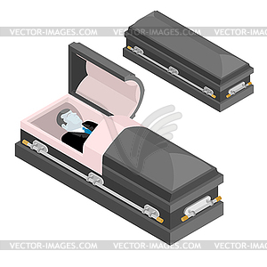 Defunct in coffin. Dead man lay in wooden casket. - vector image