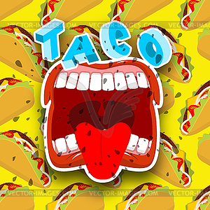 Taco острой мексиканской кухни. Открой рот и - векторный эскиз