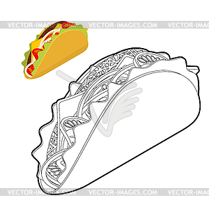 Taco coloring book. Traditional Mexican food in - vector image