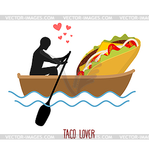 Lover taco. Man and fastfood and ride in boat. - vector clipart