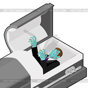 Zombie in coffin. Green dead man lying in wooden - stock vector clipart