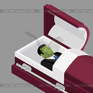 Zombie in coffin. Green dead man lying in wooden - vector image