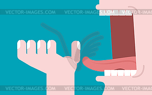 Open mouth and hand. consumption. Preparation for m - vector clipart