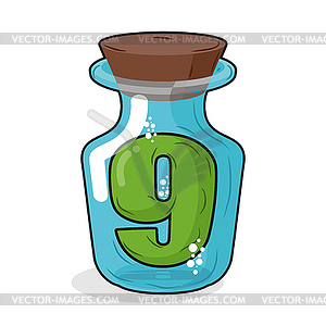 Number 9 in bottle. Green figure in blue glass - vector clipart