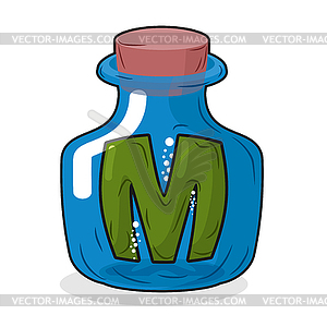 M в бутылке. Зеленый письмо в голубой стеклянной банке. магия - изображение в векторе