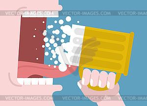 Man drinks beer. Mug in hand. Wide open mouth with - vector clipart