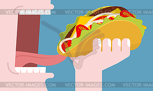 Man eating taco. Consumption of fastfood. - vector clip art