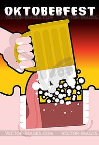 Drinks beer of mug. Man and alcohol. Poster for - vector image