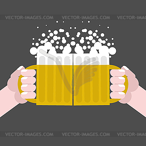 Together drinking beer. Two men holding cups with - vector image