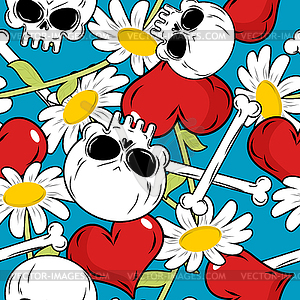 Skull and love seamless patetrn. Red heart and whit - vector clip art