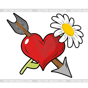 Love and flower. Red heart and arrow. Daisy field - royalty-free vector clipart