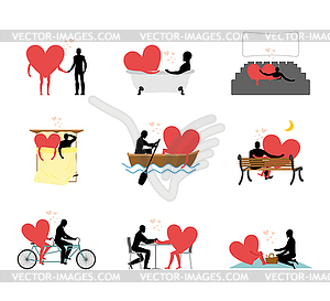 Lovers set of silhouettes. Man and heart in movie - vector clipart