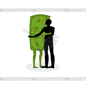 Kiss money. Man embraces dollar. Hot kiss on date - vector image