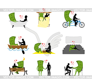 Love and Money set. Man and dollar in movie theater - vector clipart