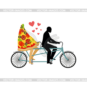 Pizza on bicycle. Lovers of cycling. Man rolls slic - vector clipart / vector image