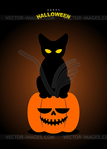 Happy Halloween. Black cat sits on pumpkin at night - vector image