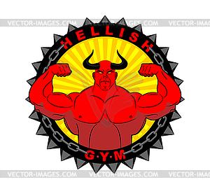 Hellish gym. Emblem for fitness room. Logo mighty - vector clipart
