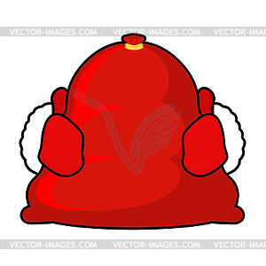 Santa bag and red mittens. Big sack with gifts. - vector image