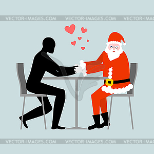 Christmas Lover. Lovers in cafe. Man and Santa Clau - vector clipart