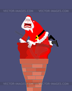 Santa Claus in chimney. Santa bag stuck in - vector image