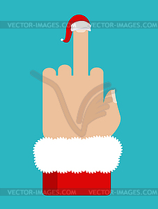 Christmas Fuck. Middle finger in red Santa hat. - vector image