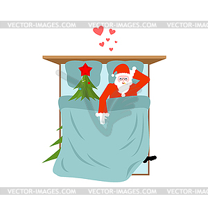 Санта-Клаус и Рождественская елка в постели. Курение Afte - рисунок в векторном формате