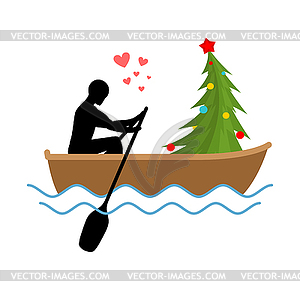 Christmas Lover. Man and Christmas tree ride in - vector clipart