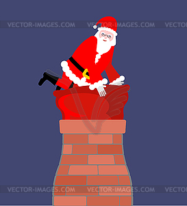 Santa Claus in chimney. Santa bag stuck in - vector clip art