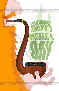 Leprechaun smokes pipe. Patricks Day. Smoking set - vector clip art