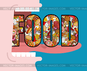 Открыть рот и продукты питания. Поглощение корма. Ешьте много O - стоковый векторный клипарт