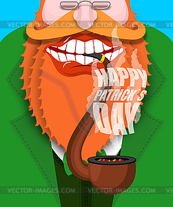 Leprechaun smokes pipe. Happy Patricks Day. - vector image