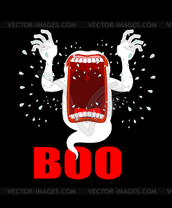 Scary ghost shouts BOO. Horrible wraith - vector image