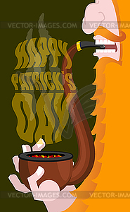 Happy Patricks Day. Leprechaun smokes pipe. - vector image