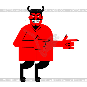 Devil indicates. Red demon with horns and hoofs. - vector image