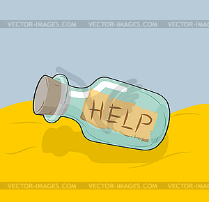 Transparent bottle with text Help on sand. Glass - vector image