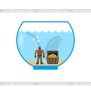 Diver and treasure chest in Aquarium. Miniature - vector image