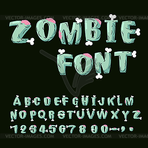 Zombie font. Bones and brains. Living dead alphabet - vector clipart