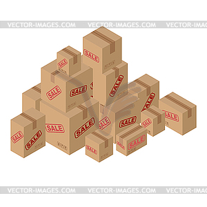 Продажа большого количества картонных коробок. Набор бумаги - векторный клипарт / векторное изображение