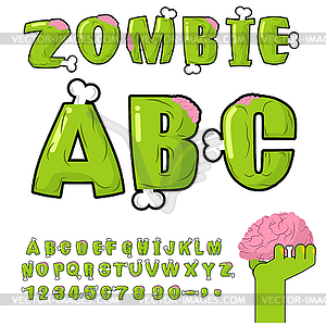 Zombie ABC. Bones and brains. horror monstr font. - vector image