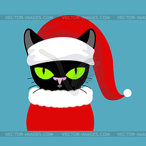 Santa black Cat. Pet in Christmas hat. New Year . Xm - vector clipart