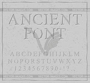 Ancient font. Carved on stone plate alphabet. - vector image