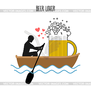 Beer lover. Man and beer mugs and ride in boat. - vector image