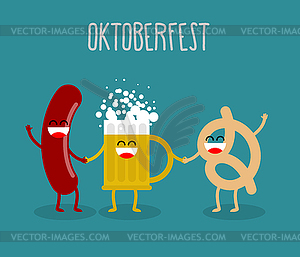 Beer, sausage and pretzel friends. Oktoberfest food - vector image