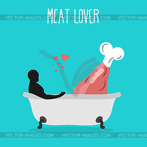 Meat lovers. Love for ham. Pork and man in bath. Ma - vector clip art