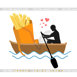 Lover french fries. Man and fastfood and ride in - vector image