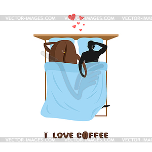 Coffee lovers. Coffee beans and man. Lovers in bed - royalty-free vector image