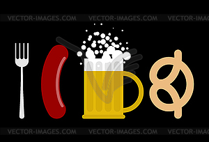 Oktoberfest set. Sausage and beer mug. Fork and - vector clipart