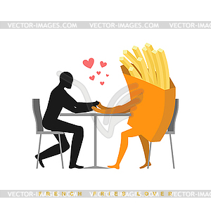 Lover французский картофель в кафе. Человек и фаст-фуд - иллюстрация в векторе